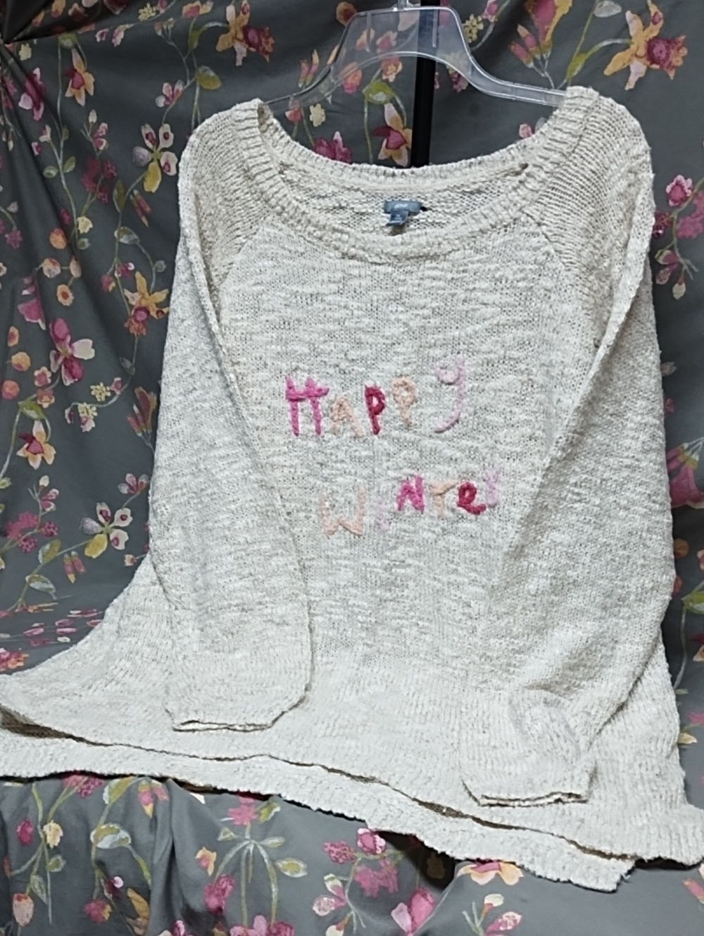 aerie Happy Winter Cream Scoop Neck Knit Sweater with Pink Accent